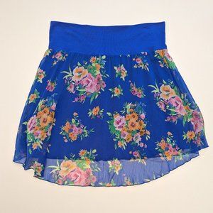Aeropostale Blue Tropical Floral Skater Lined Hi-Lo Skirt Size Women's Large